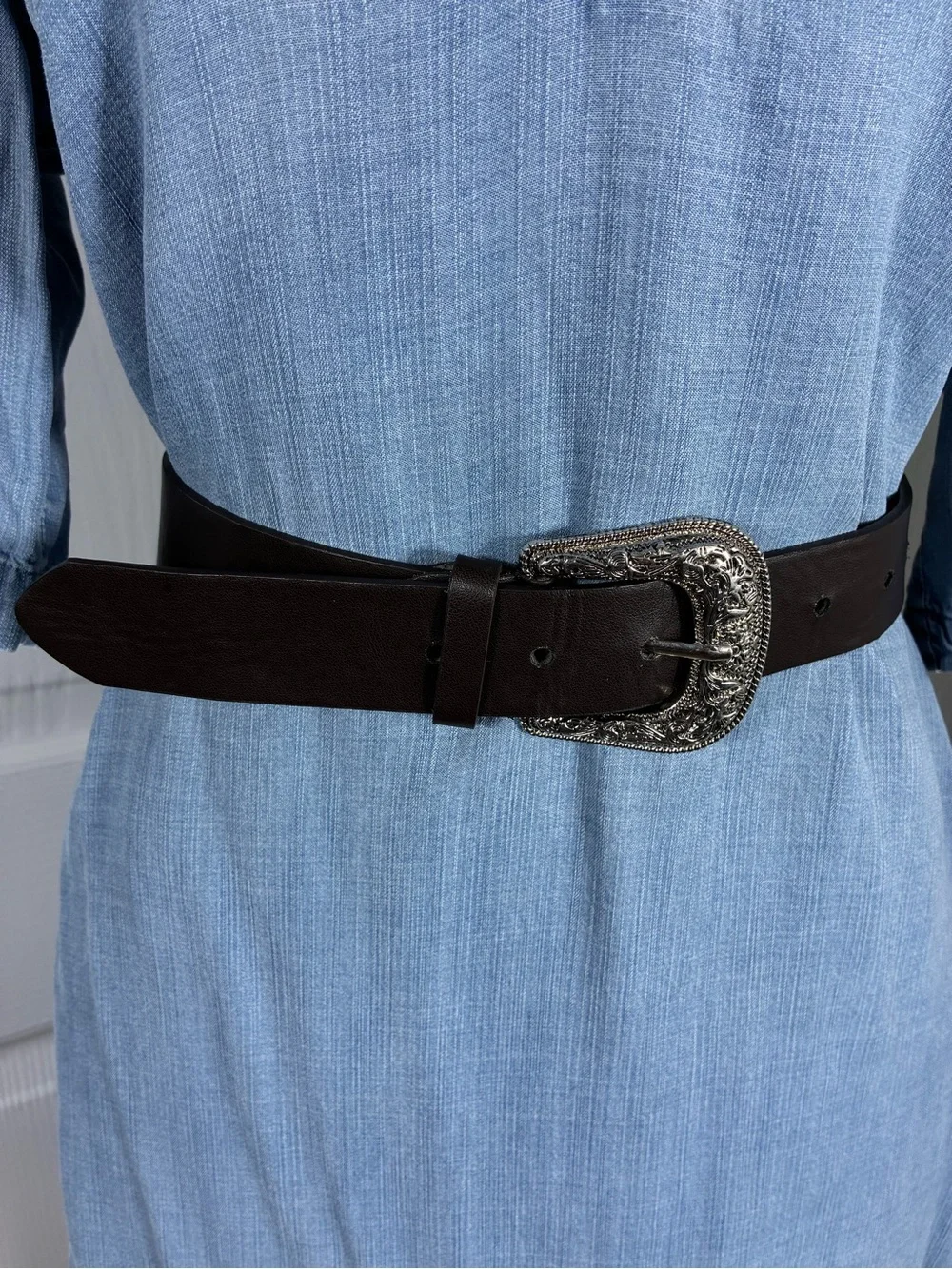 Womens belt 47” long faux Leather Western chocolate brown carved Silver Buckle